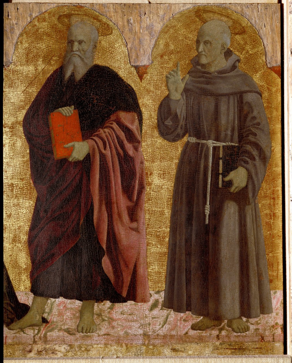 Polyptik z Misericorde: Panna z Misericorde, obklopená svatými. Detail zobrazující svatého André a svatého Bernardina ze Sieny (Bernardino da Siena nebo Bernardino degli Albizzeschi od Piero della Francesca