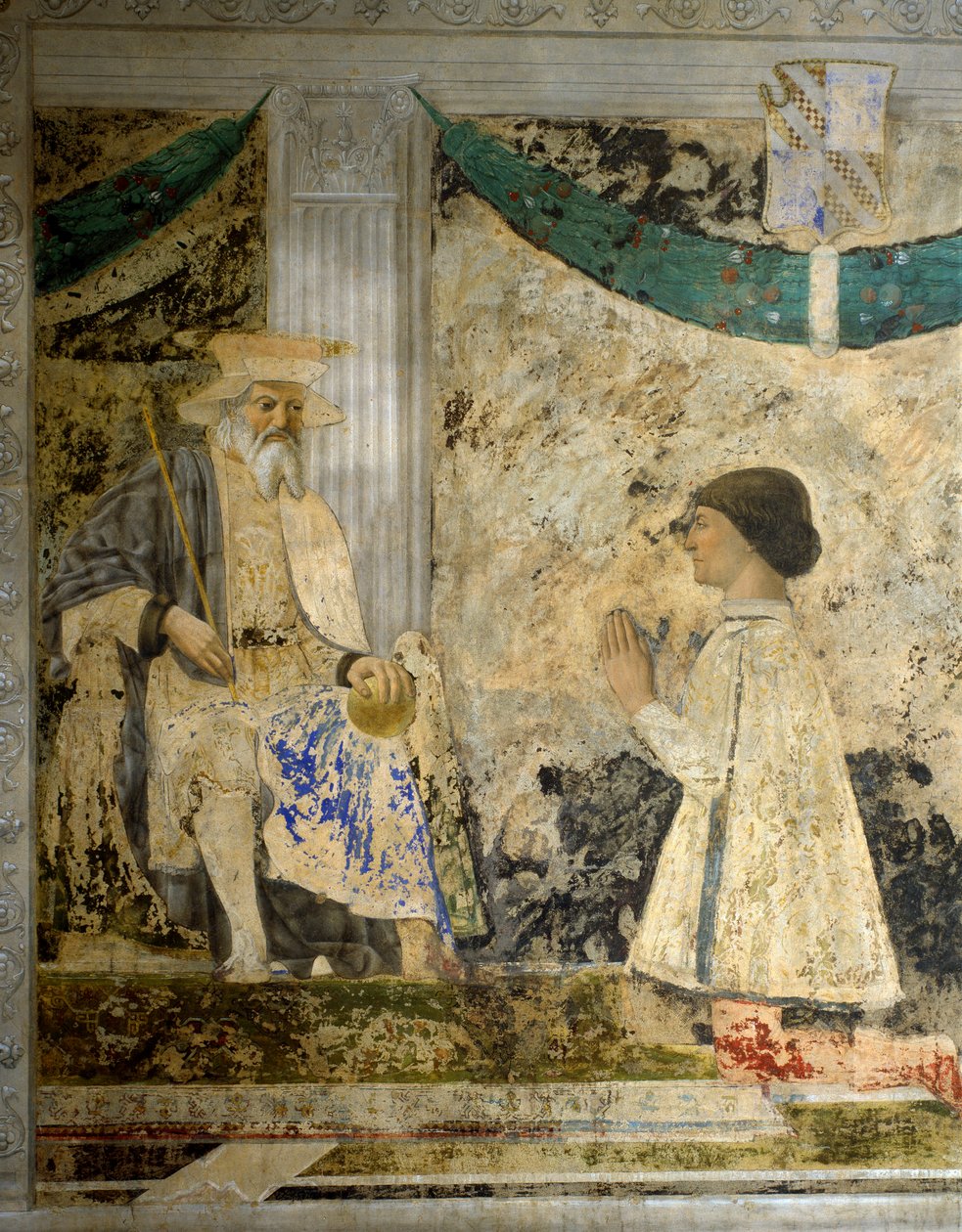 Portrét Sigismonda (Sigismonda) Pandolfa Malatesty (1417-1468) v modlitbě před San Sigismondo (Sigismondo). Freska od Pietra di Benedetta dei Franceschi dit Piero della Francesca (1422-1492) od Piero della Francesca