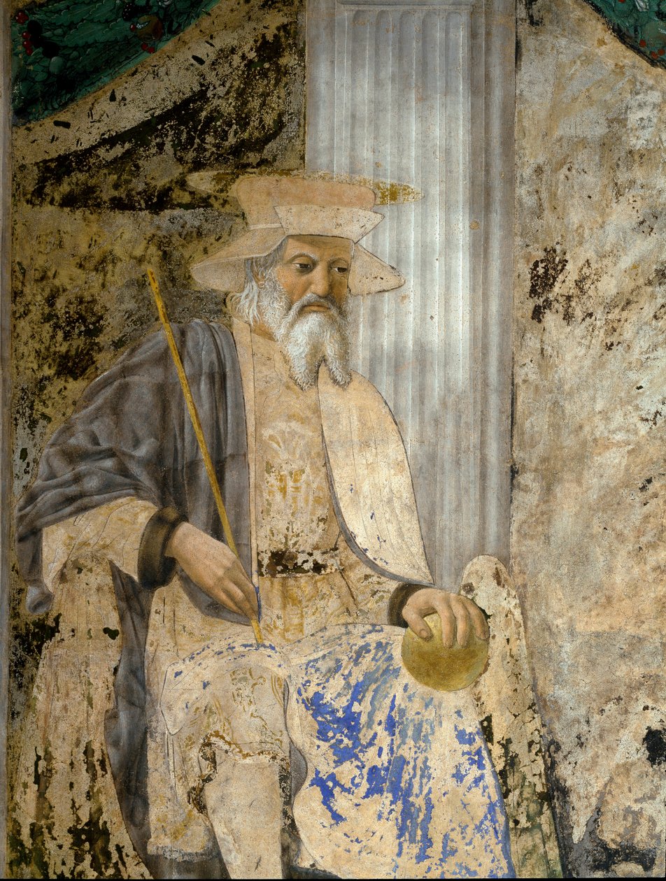 Portrét Sigismonda Pandolfa Malatesty (1417-1468) v modlitbě před San Sigismondo (Sigismondo). Detail světce. Freska od Pietra di Benedetta dei Franceschi dit Piero della Francesca (1422-1492) od Piero della Francesca