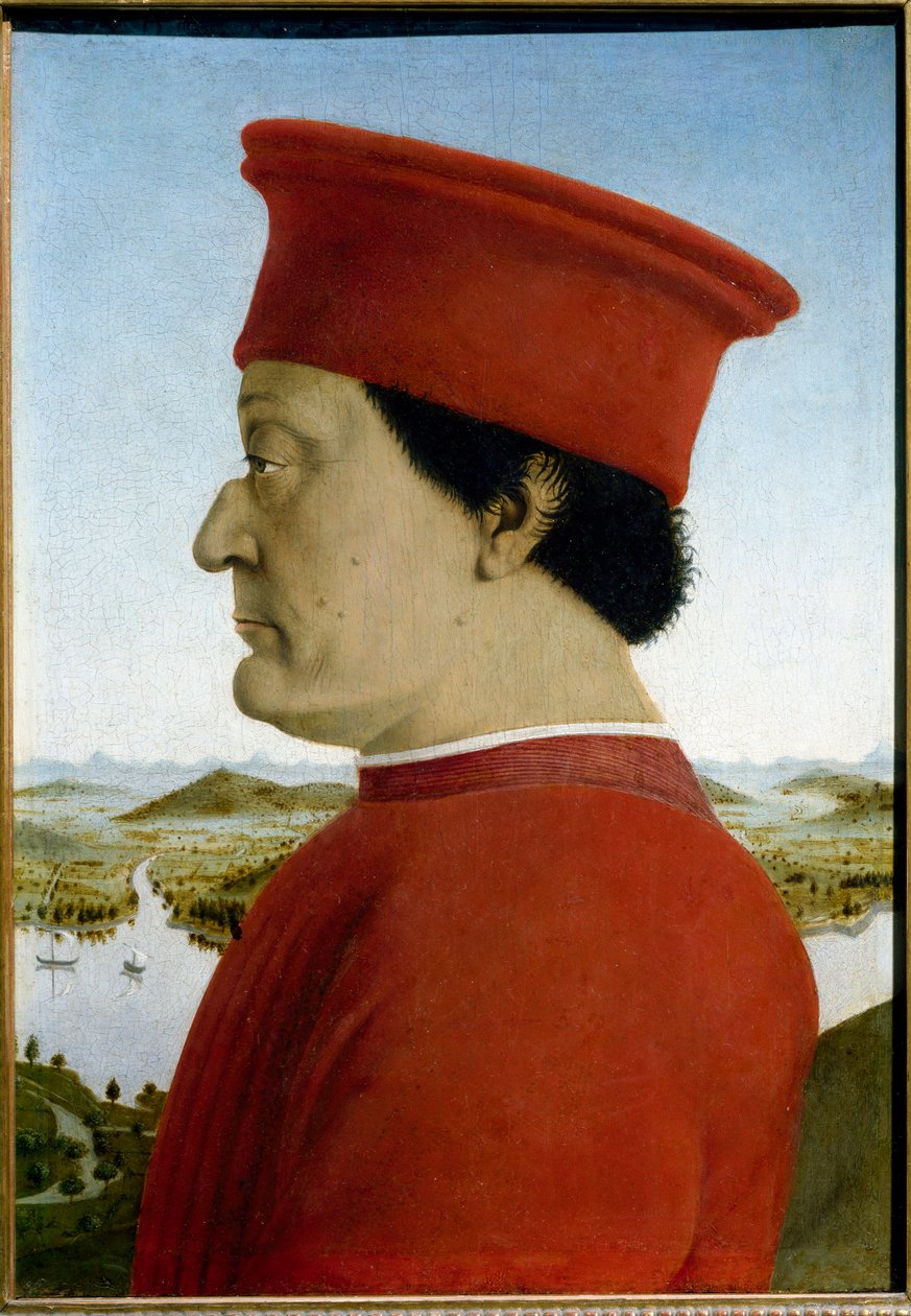Portréty Federica de Montefeltro, vévody z Urbina a Battisty Sforzy. Detail představující Federica da Montefeltro od Piero della Francesca