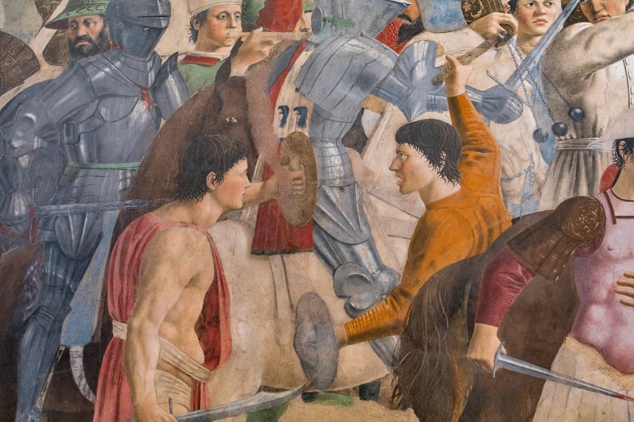 Bitva Herakleia s Chosroesem, detail Příběhů pravého kříže: bitva s muži, meči a zbrojí (freska) od Piero della Francesca