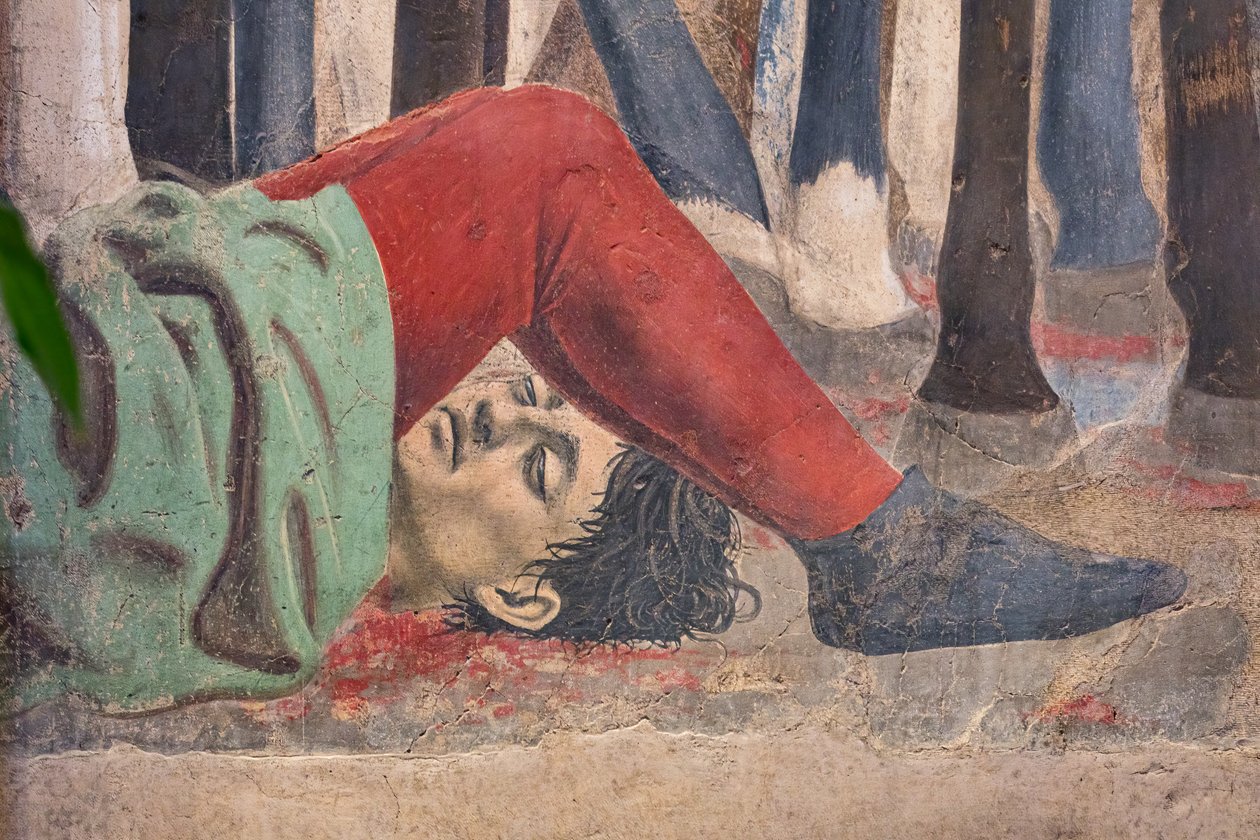 Bitva Herakleia s Chosroesem, detail Příběhů pravého kříže: zabitý muž (freska) od Piero della Francesca