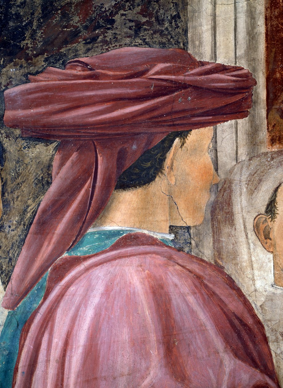 Legenda o pravém kříži, uctívání dřeva, detail krále Šalamouna dokončená freska z roku 1464 od Piero della Francesca