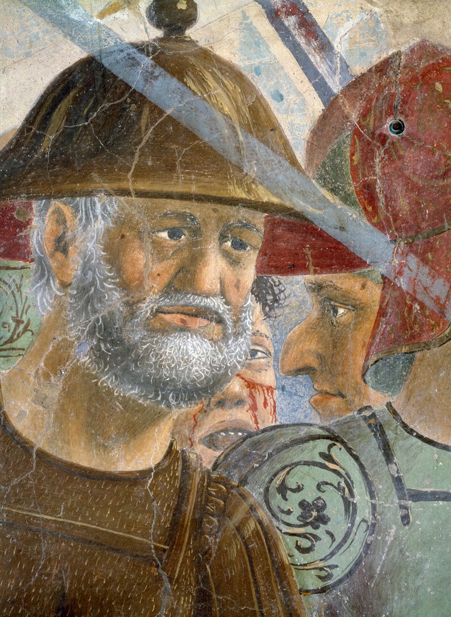 Legenda o pravém kříži, bitva u Heraclia a Chosroes, detail vousatého vojáka, dokončená freska z roku 1464 od Piero della Francesca