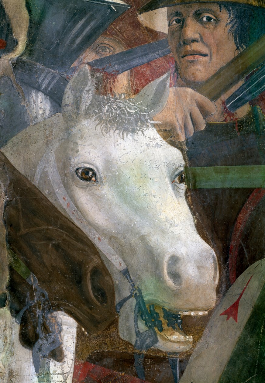 Legenda o pravém kříži, bitva u Heraclia a Chosroes, detail koně a vojáka, dokončená freska z roku 1464 od Piero della Francesca
