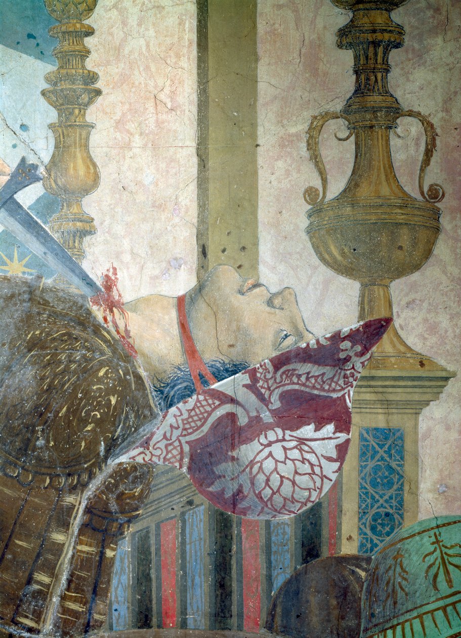 Legenda o pravém kříži, bitva u Heraclia a Chosroes, detail muže s podříznutým hrdlem, dokončená freska z roku 1464 od Piero della Francesca
