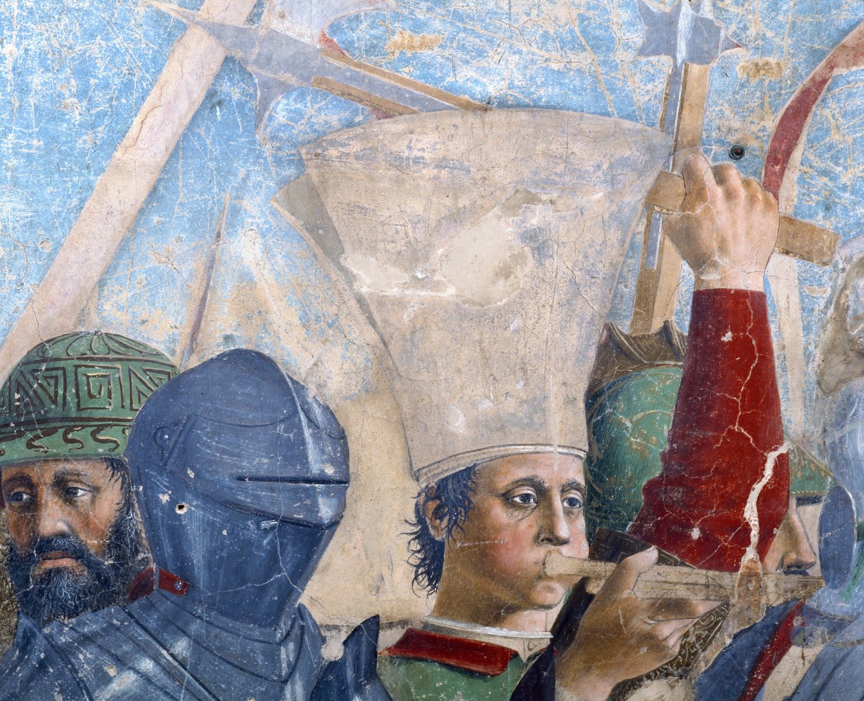 Legenda o pravém kříži, bitva u Heraclia a Chosroes, detail trumpetisty, dokončená freska z roku 1464 od Piero della Francesca