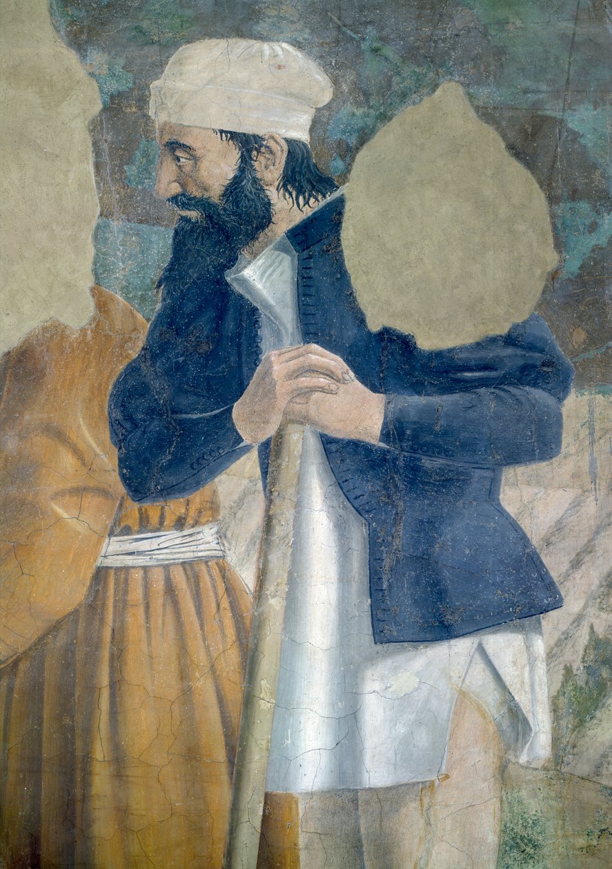 Legenda o pravém kříži, objevení kříže, detail přihlížejícího, dokončená freska z roku 1464 od Piero della Francesca