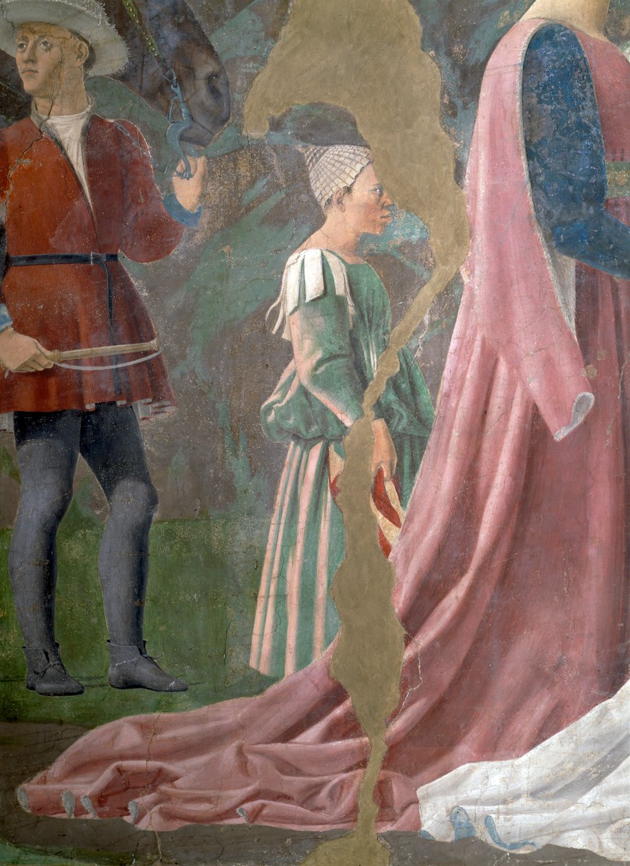 Legenda o pravém kříži, královna ze Sáby uctívající dřevo kříže, detail obsluhy, dokončená freska z roku 1464 od Piero della Francesca