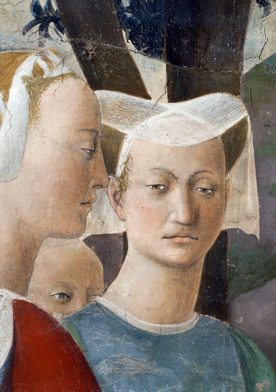 Legenda o pravém kříži, královna ze Sáby uctívající dřevo kříže, detail královny a doprovodu, dokončená freska z roku 1464 od Piero della Francesca