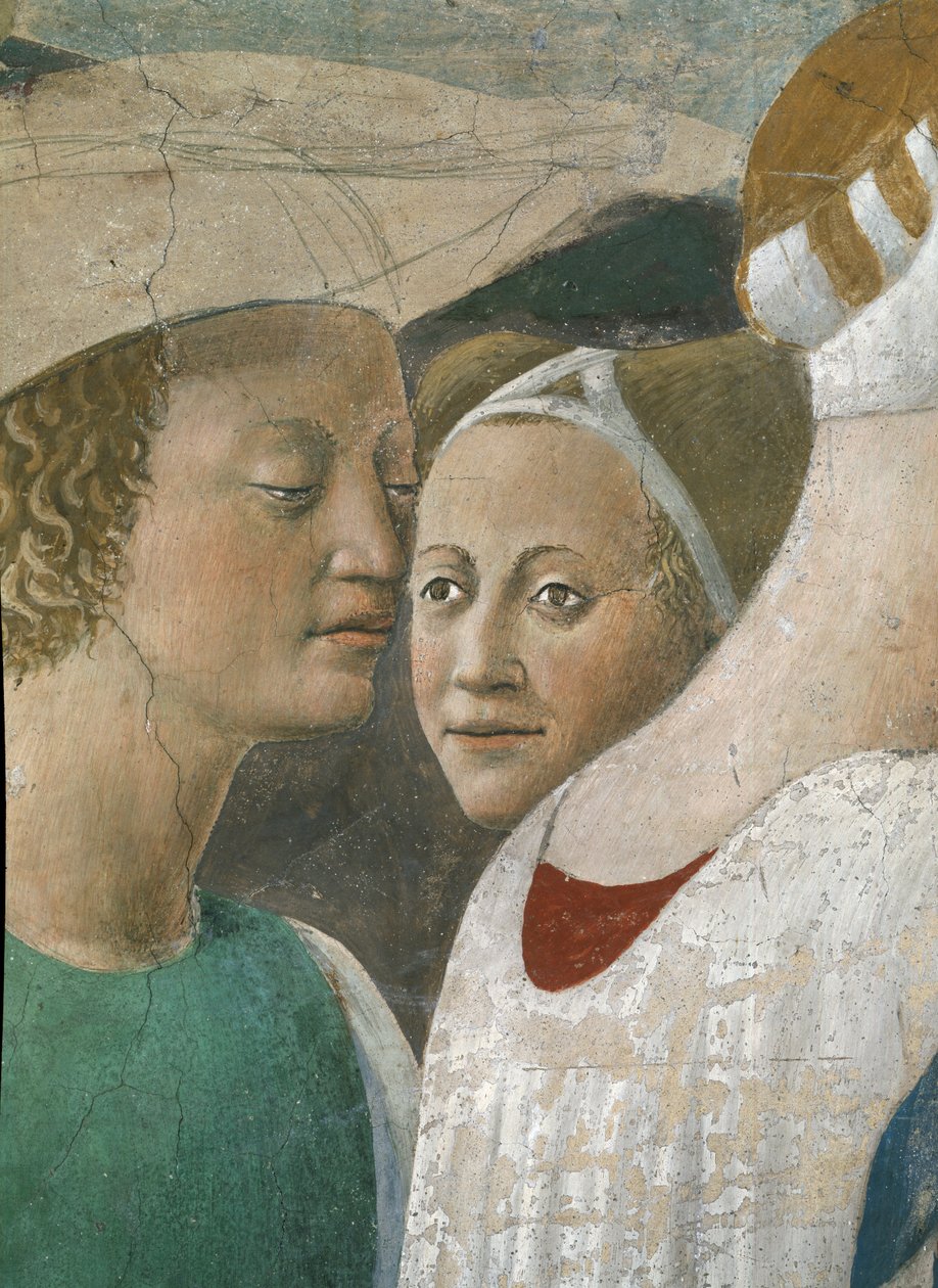 Legenda o pravém kříži, královna ze Sáby uctívající dřevo kříže, detail dvou průvodců, dokončená freska z roku 1464 od Piero della Francesca