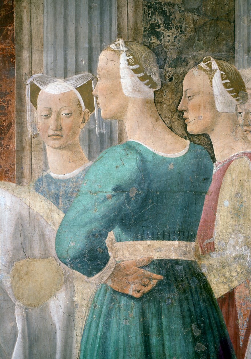 Legenda o pravém kříži, královna ze Sáby uctívající dřevo kříže, detail tří služebnic, dokončená freska z roku 1464 od Piero della Francesca