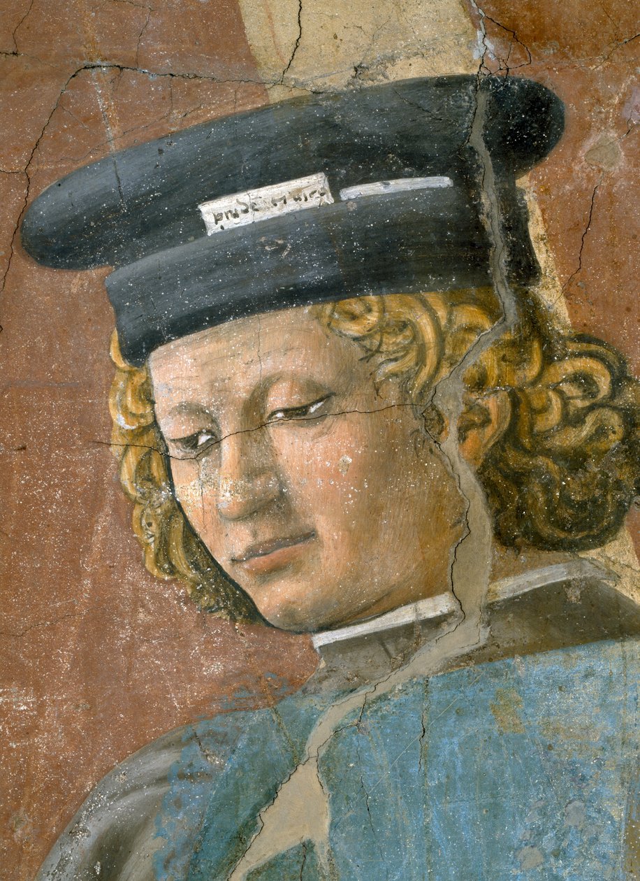 Legenda o pravém kříži, mučení Žida, detail mučitele, dokončena freska z roku 1464 od Piero della Francesca