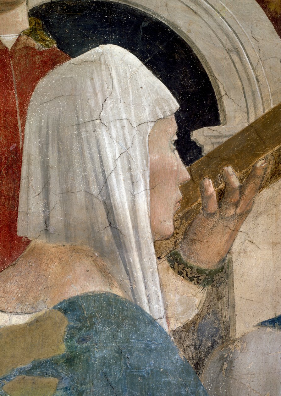 Legenda o pravém kříži, Ověření kříže, detail královny ze Sáby líbající kříž, dokončená freska z roku 1464 od Piero della Francesca
