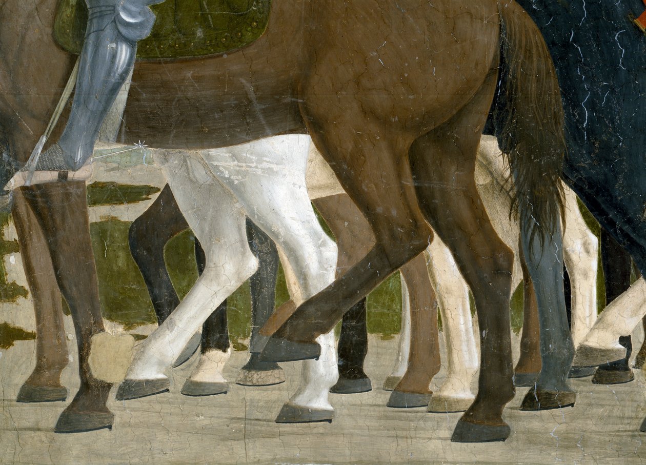 Legenda o pravém kříži, Konstantinovo vítězství v bitvě u Milvijského mostu, detail koňských nohou, dokončená freska z roku 1464 od Piero della Francesca
