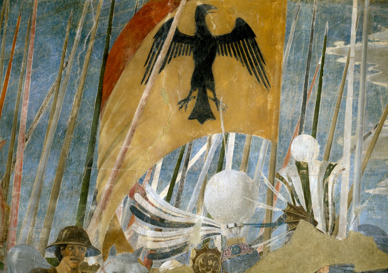 Legenda o pravém kříži, Konstantinovo vítězství v bitvě u Milvijského mostu, detail praporu, dokončená freska z roku 1464 od Piero della Francesca