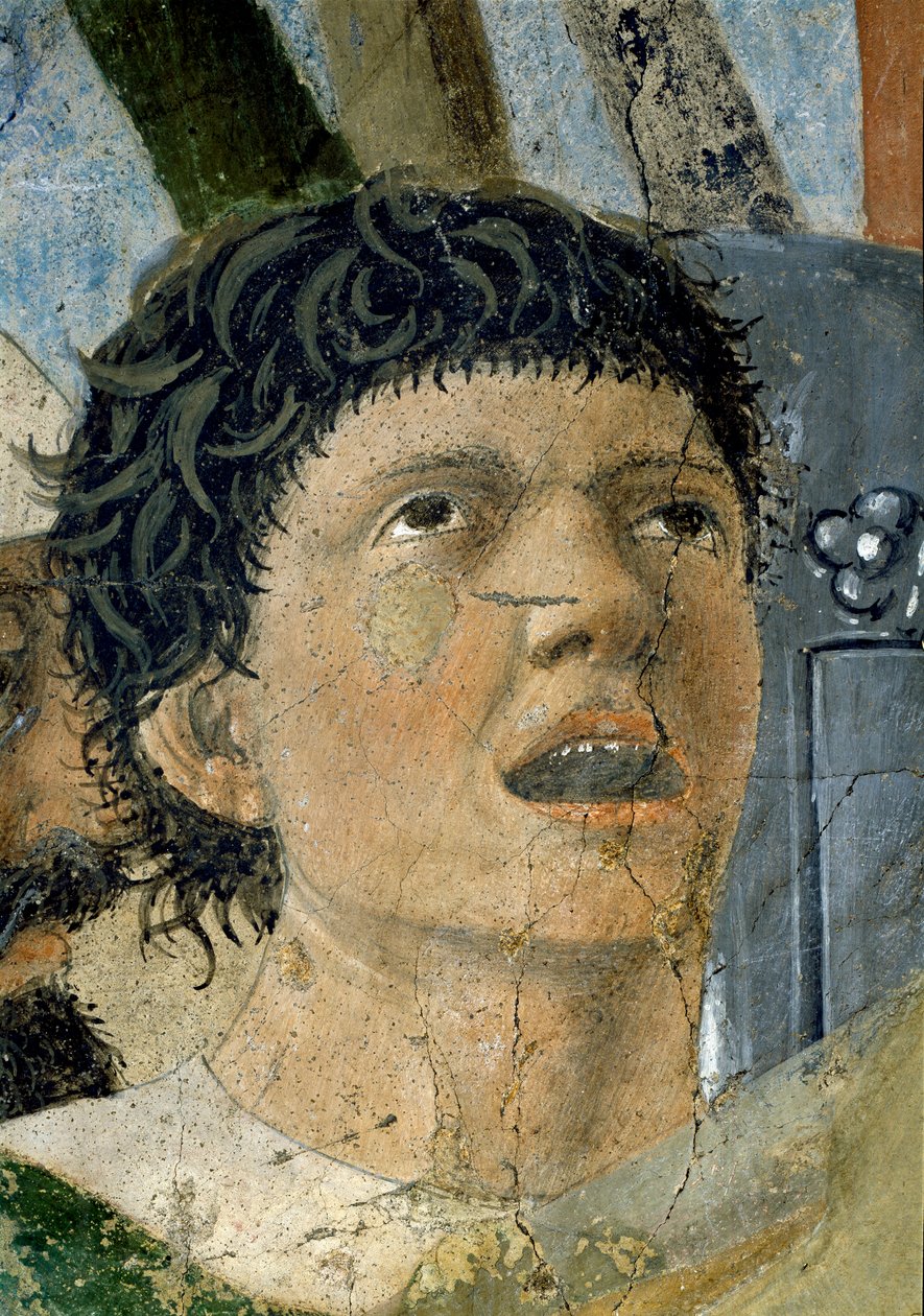 Legenda o pravém kříži, Konstantinovo vítězství v bitvě u Milvijského mostu, detail křičícího muže, dokončeno 1464 freska od Piero della Francesca
