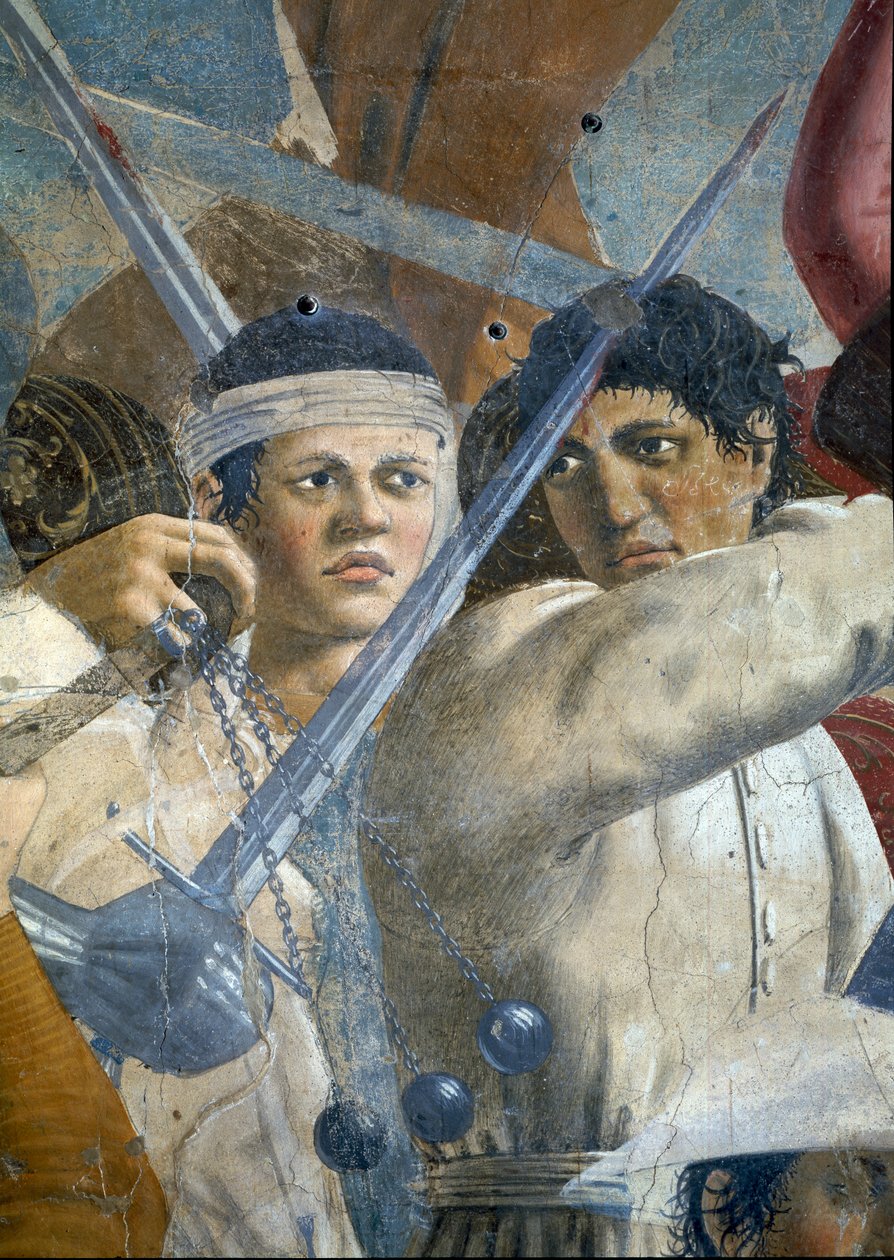 Legenda o pravém kříži, vítězství Herakleia a poprava Chosroes, detail Herakleia a Chosroes, dokončená freska z roku 1464 od Piero della Francesca