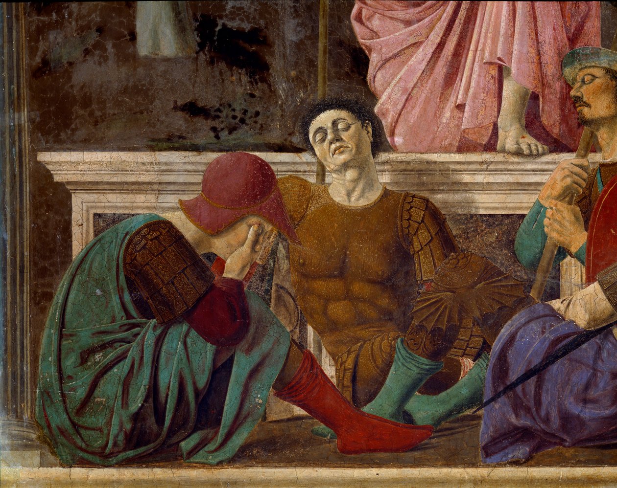 Vzkříšení Krista. Detail ospalých římských vojáků. Obraz od Pietra od Benedetta dei Franceschi dit Piero della Francesca (1422-1492) od Piero della Francesca