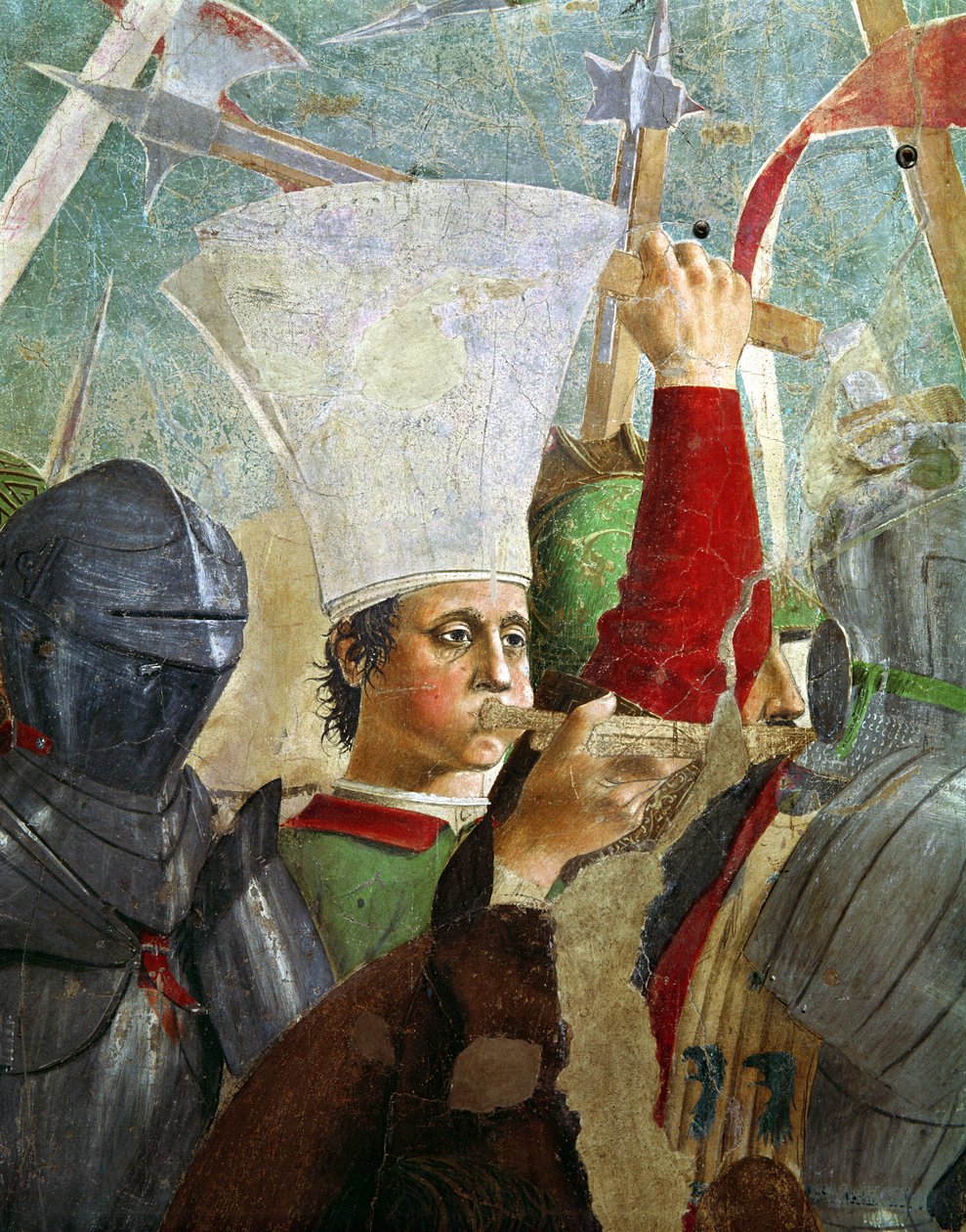 Trumpetista, detail z bitvy u Herakleia a Chosroes, z cyklu Legenda o pravém kříži, dokončeno 1464 od Piero della Francesca