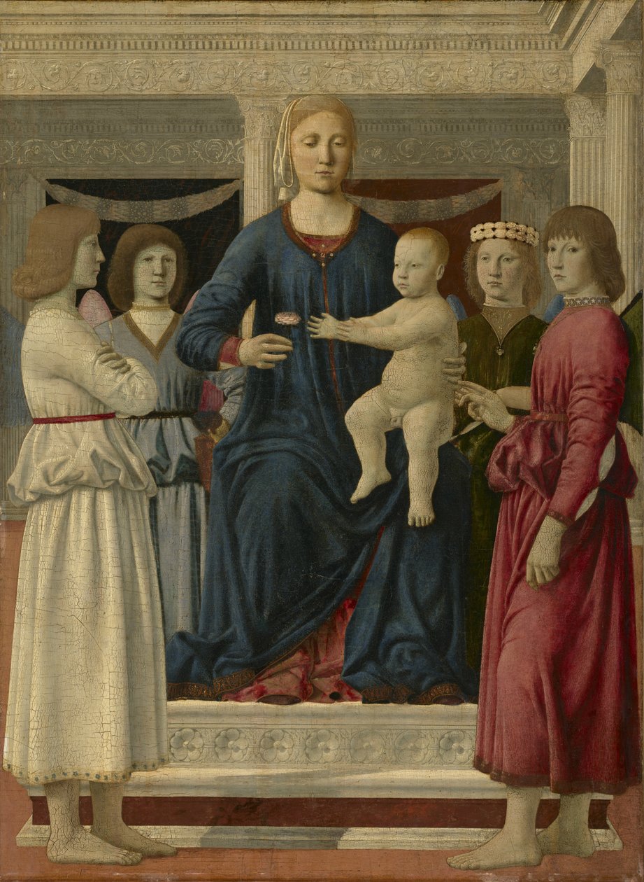 Panna a dítě na trůnu se čtyřmi anděly, kolem 1460-70 od Piero della Francesca