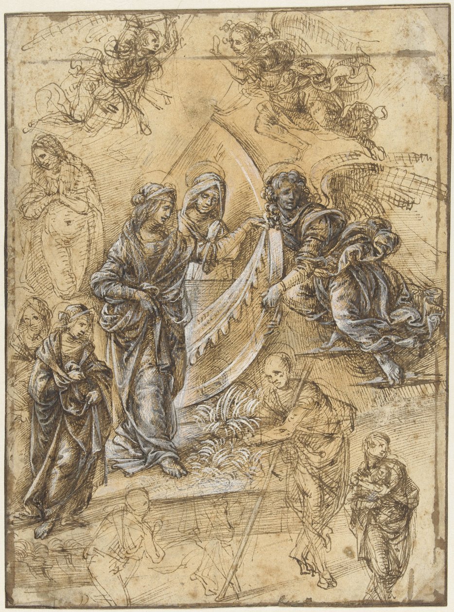 Studijní list s Pannou Marií, svatými, anděly a postavami z Klanění tří králů od Piero di Cosimo (attributed to)