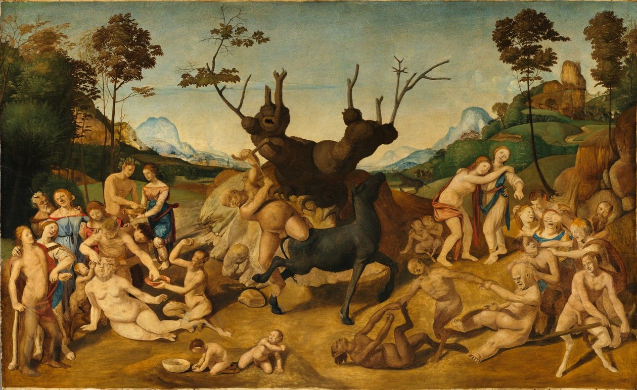Italsky: Dějiny Silenosu, scéna: Neštěstí Silena od Piero di Cosimo