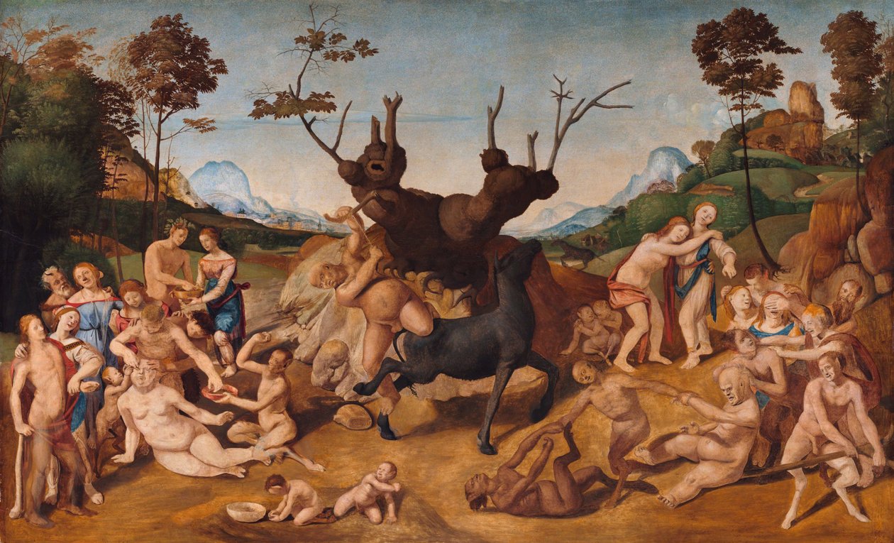 Italsky: Dějiny Silenosu, scéna: Neštěstí Silena od Piero di Cosimo
