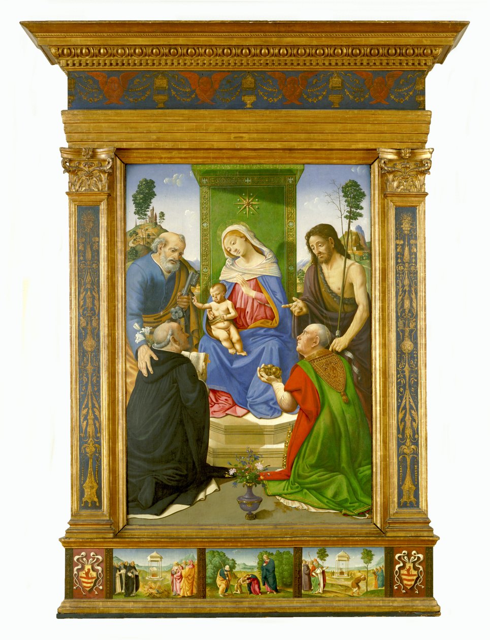 Madona s dítětem na trůně se svatými Petrem, Janem Křtitelem, Dominikem a Mikulášem z Bari, asi 1481-85 (tempera a olej na desce) od Piero di Cosimo