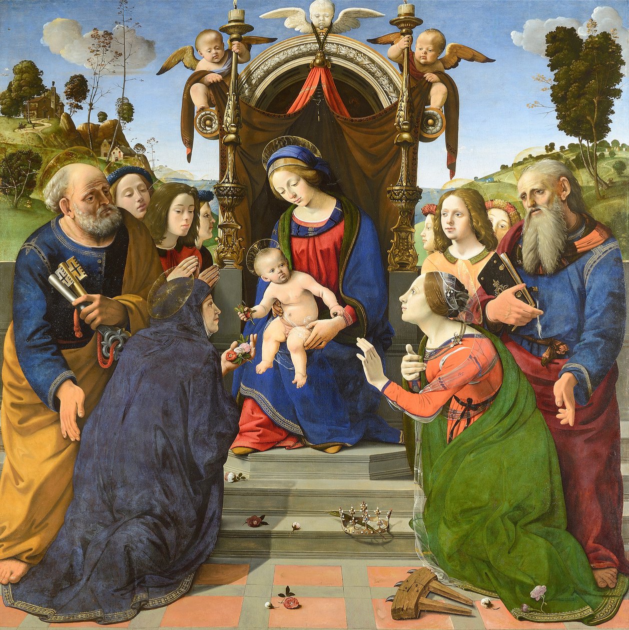 Madona s dítětem na trůně se svatým Petrem, Janem Evangelistou, Alžbětou Uherskou (), Kateřinou Alexandrijskou a anděly od Piero di Cosimo