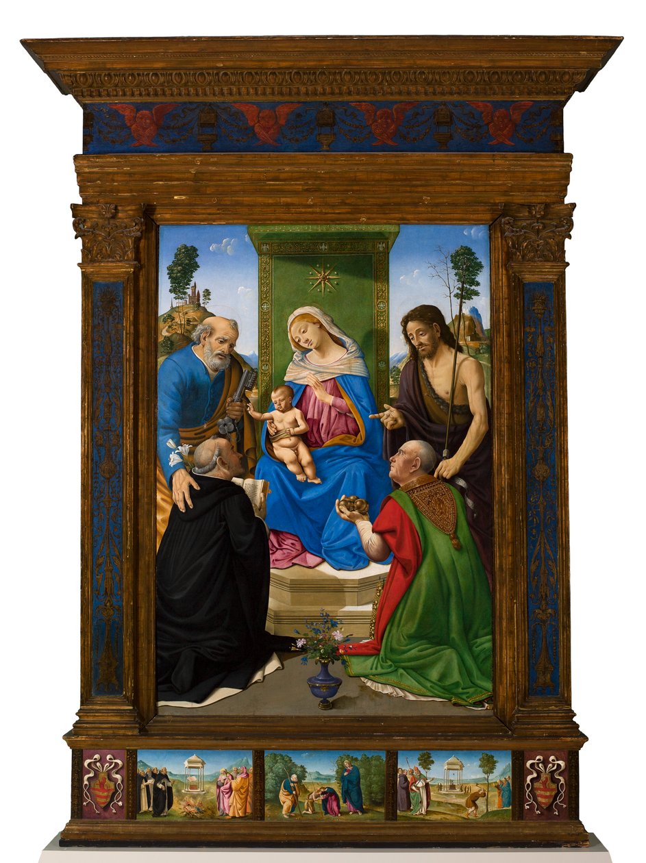 Madona s dítětem na trůně se svatými Petrem, Janem Křtitelem, Dominikem a Mikulášem z Bari od Piero di Cosimo