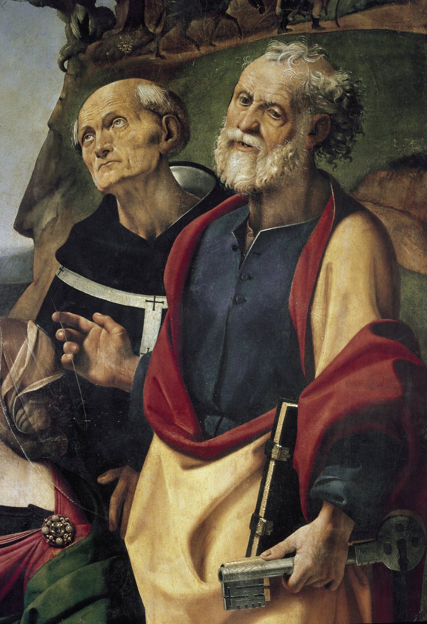 Svatý Petr a sv. Filip Benizi, detail Panny Marie s dítětem na trůnu obklopené svatými (olej a tempera na panelu, cca 1493) od Piero di Cosimo
