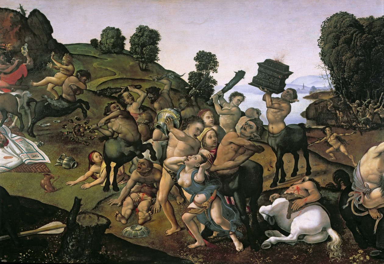 Boj mezi lapithy a kentaury, (detail kentaurů útočících na lapithy) kolem 1490, (olej na dřevě) od Piero di Cosimo