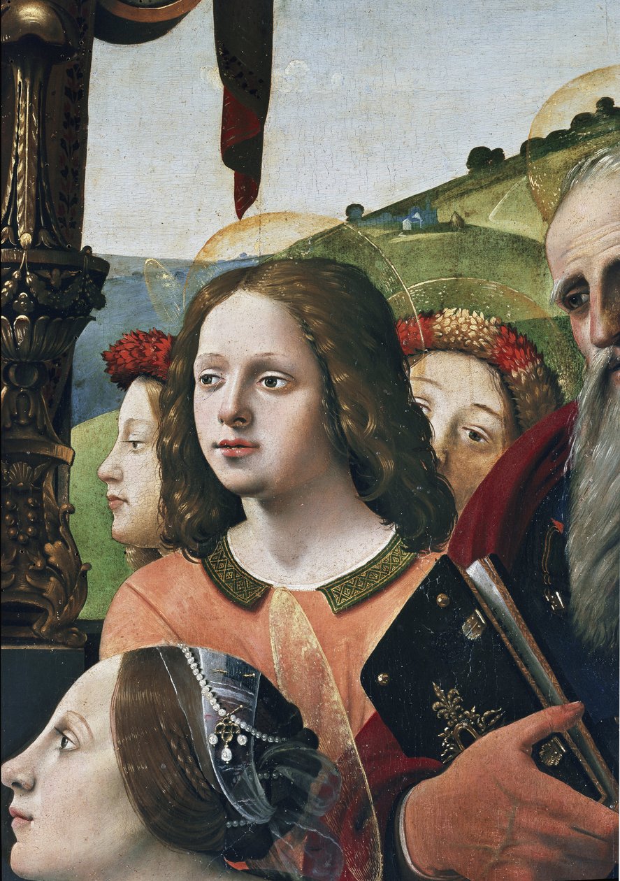 Panna a dítě na trůnu obklopené svatými, detail (olej a tempera na panelu, cca 1493) od Piero di Cosimo