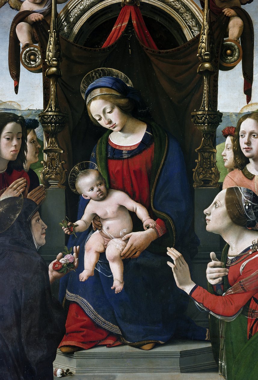 Panna a dítě na trůnu obklopené svatými, detail (olej a tempera na panelu, cca 1493) od Piero di Cosimo
