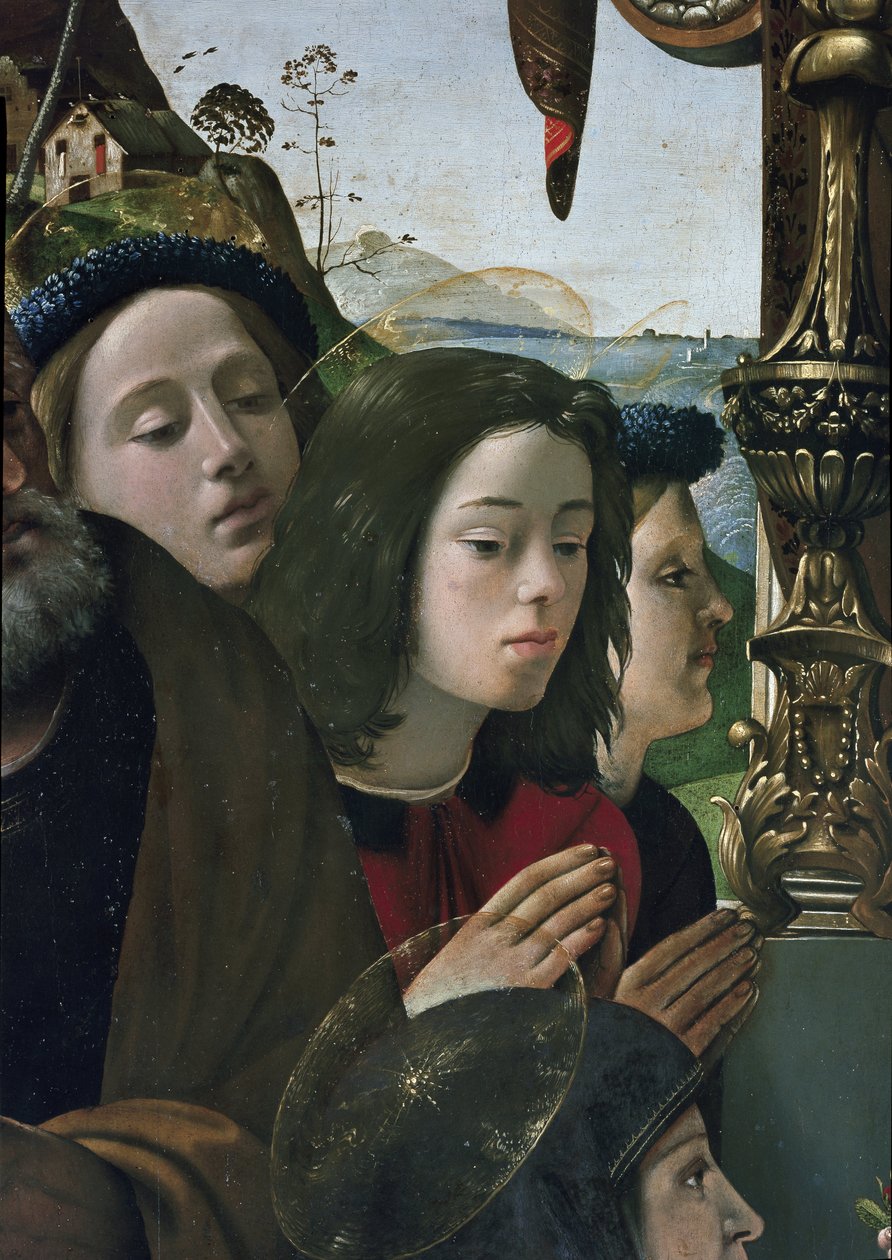 Panna a dítě na trůnu obklopené svatými, detail (olej a tempera na panelu, cca 1493) od Piero di Cosimo