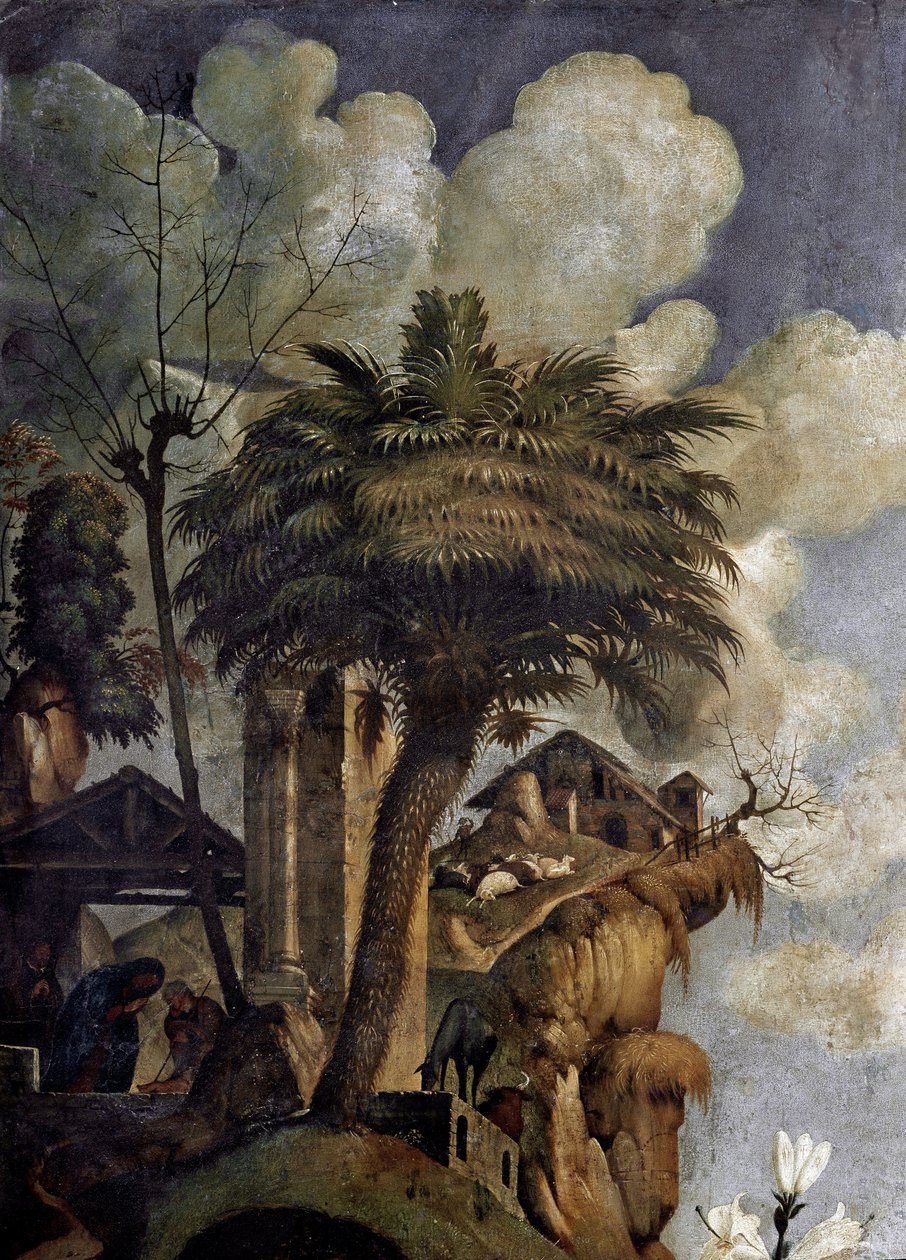 Panna a dítě na trůnu obklopené svatými, detail (olej a tempera na panelu, cca 1493) od Piero di Cosimo