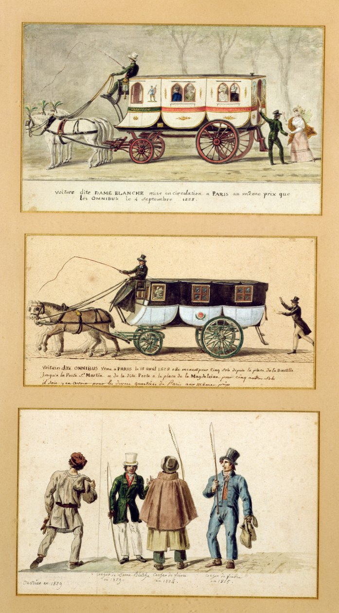 A Dame Blanche Carriage, omnibus a řidiči, 1815-30 od Pierre Antoine Lesueur