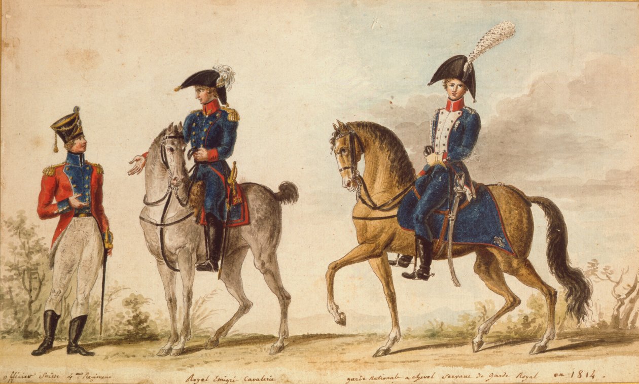 Švýcarský důstojník 4. pluku, jezdec královské emigrantské kavalérie a jízdní národní gardy, 1814 (kvaš) od Pierre Antoine Lesueur