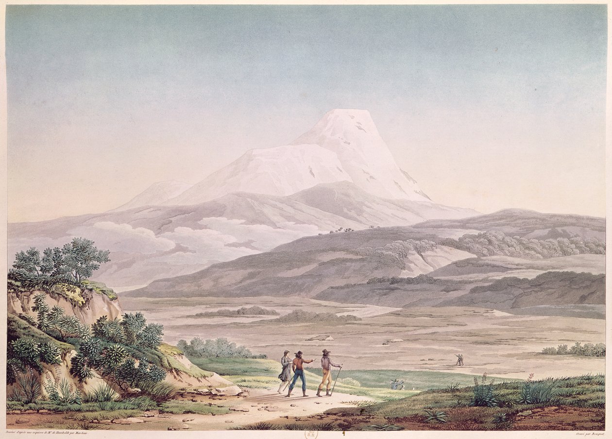 Pohled na Cajambe, z „Voyages aux Regions Equinoxiales du Nouveau Continent“ od Alexandra de Humboldta (1769-1859) vyrytý Michelem Bouquetem (1807-90) publikovaný v roce 1814 od Pierre Antoine Marchais