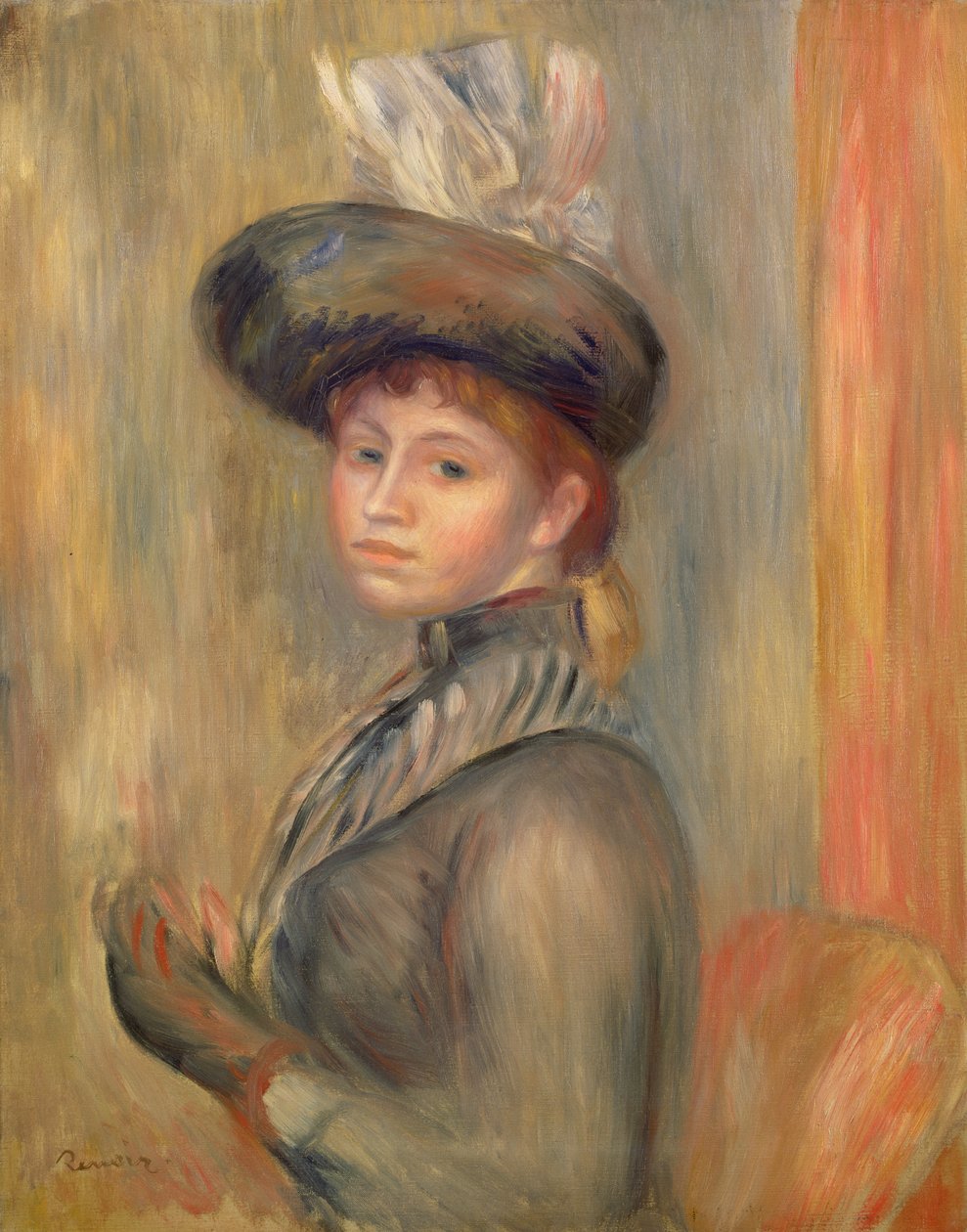Dívka v šedomodrém, nasazující si rukavici, kolem roku 1889 od Pierre Auguste Renoir