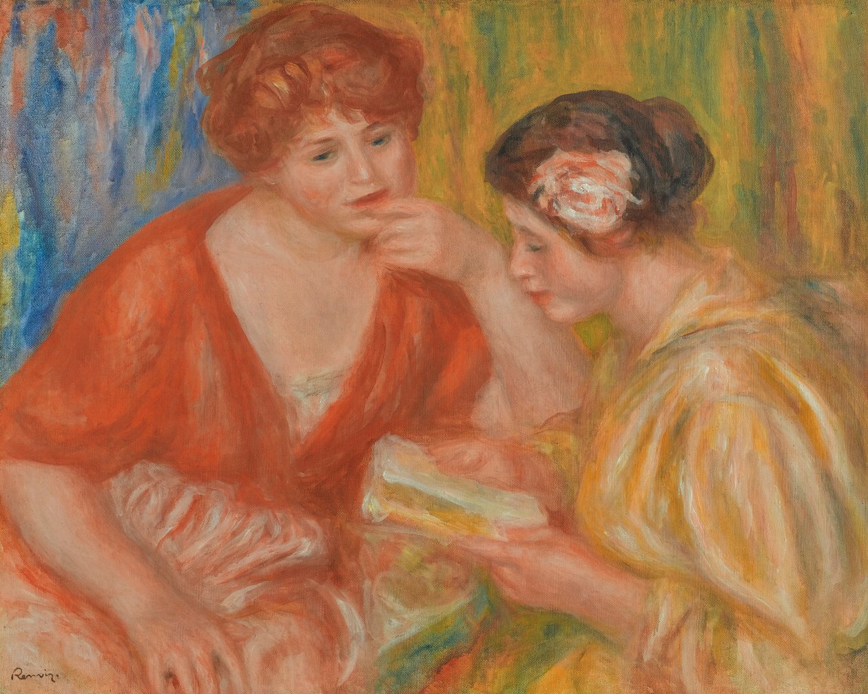 ČTENÍ, DVĚ ŽENY S ČERVENÝMI A RŮŽOVÝMI TĚLAMI od Pierre Auguste Renoir