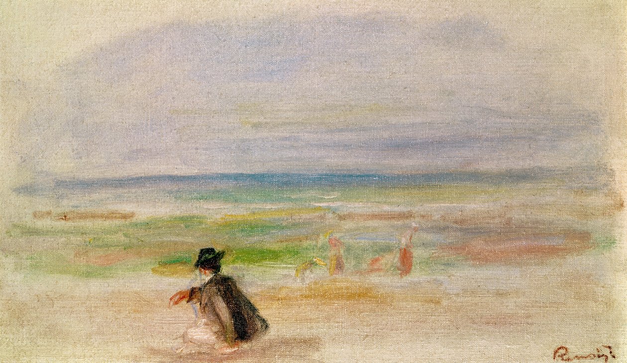 Muž v černém sedí na pláži od Pierre Auguste Renoir
