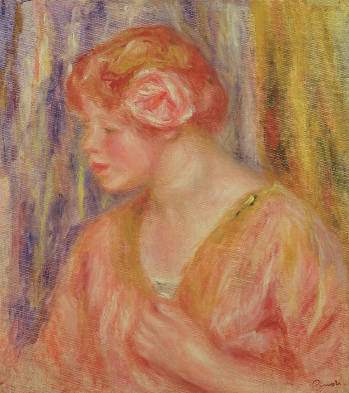 Zrzavá žena s růžemi ve vlasech od Pierre Auguste Renoir