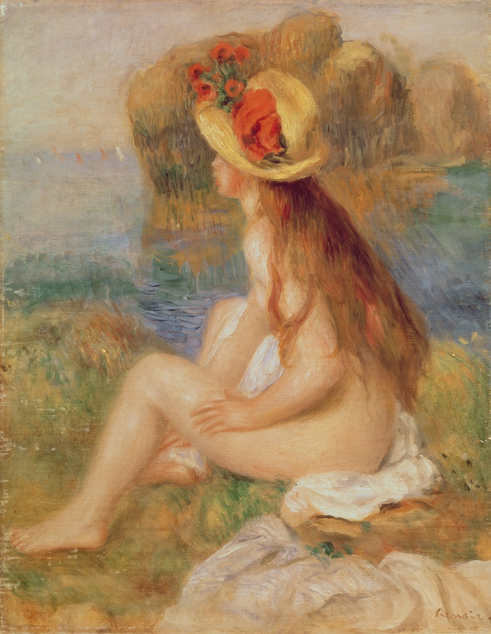 Sedící koupající se ve slaměném klobouku od Pierre Auguste Renoir