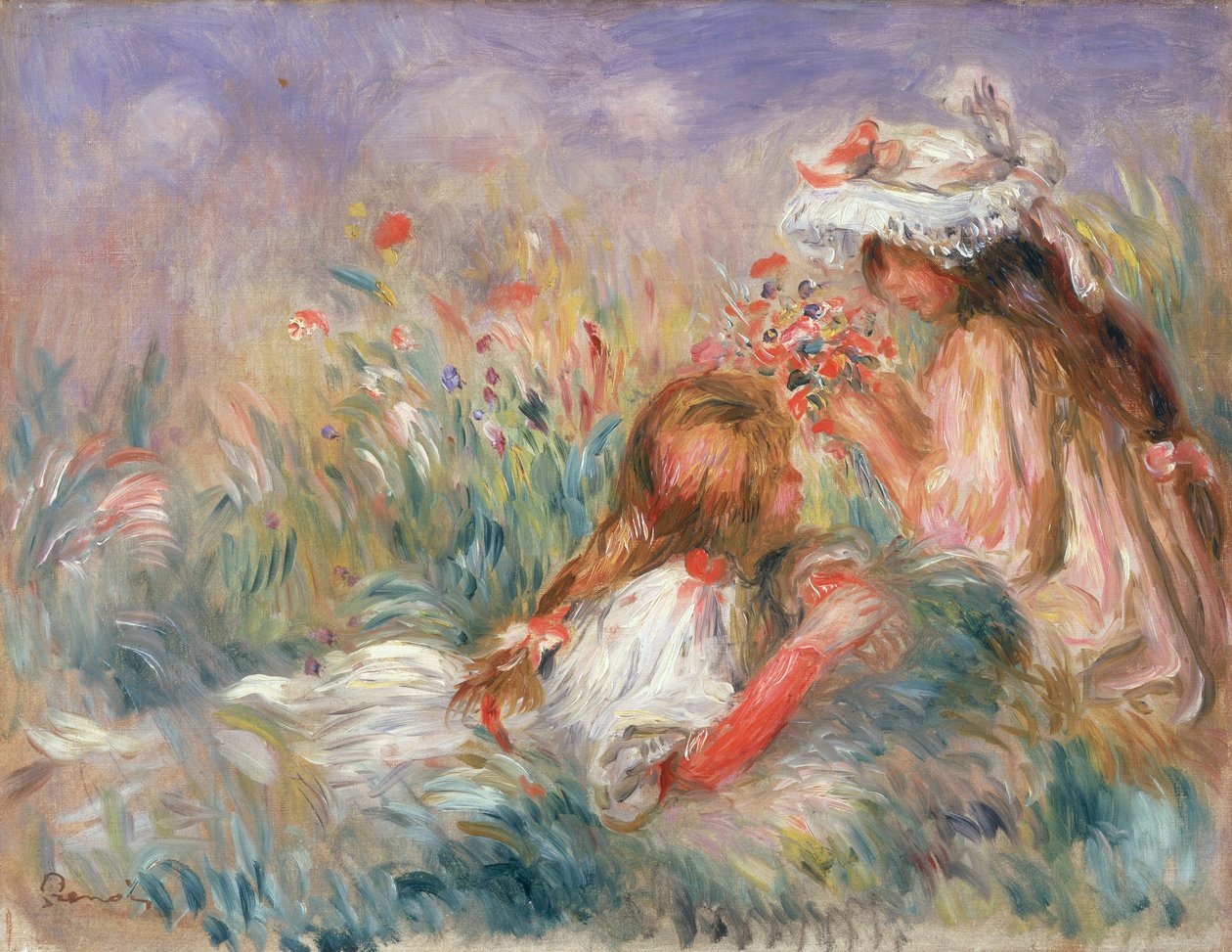 Dvě děti sedící mezi květinami, 1900 od Pierre Auguste Renoir