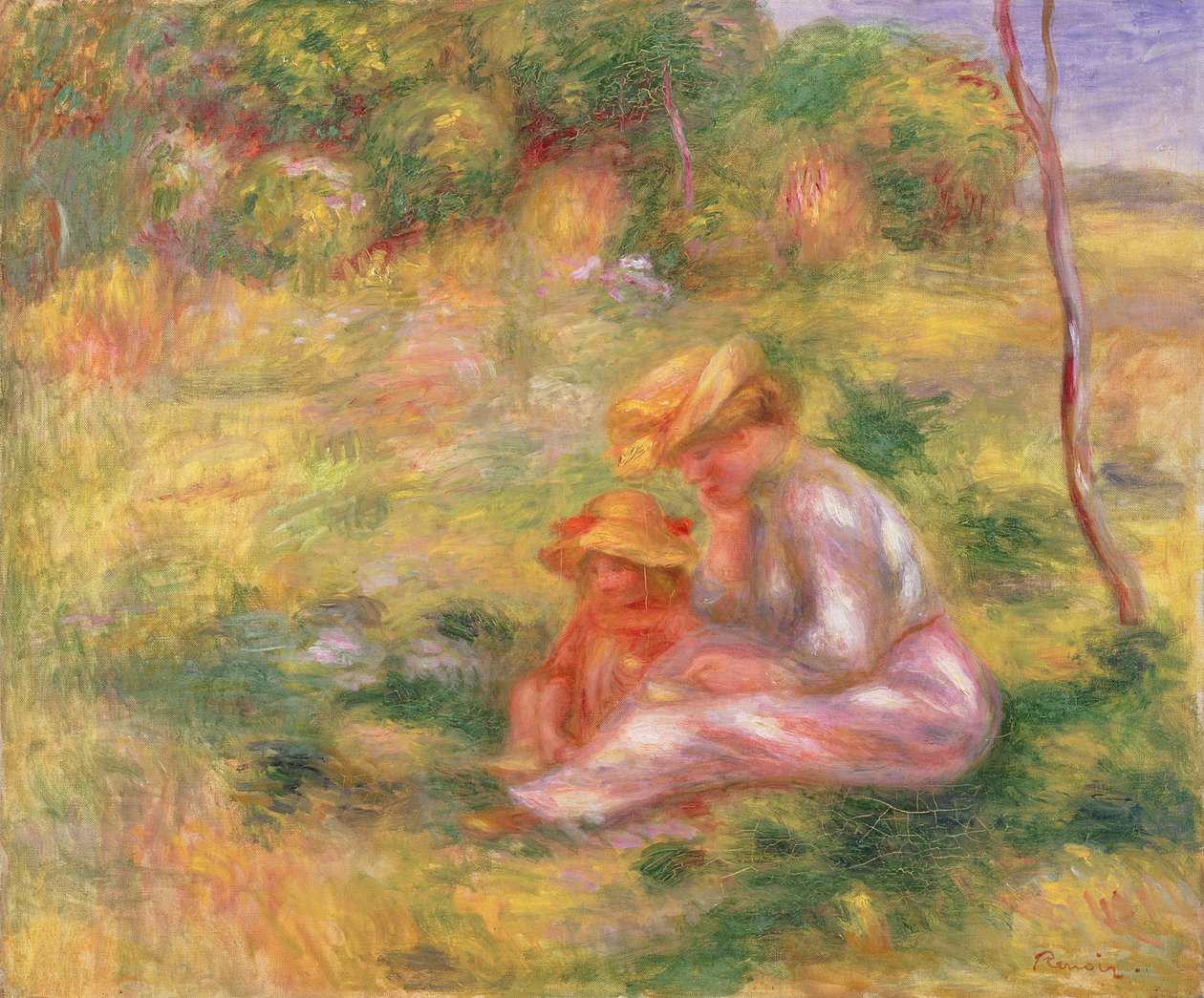 Žena a dítě sedí na poli, c.1898 od Pierre Auguste Renoir