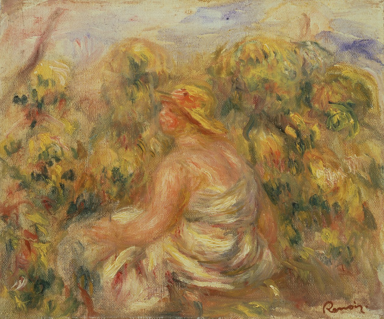 Žena s kloboukem v krajině kolem roku 1918 od Pierre Auguste Renoir