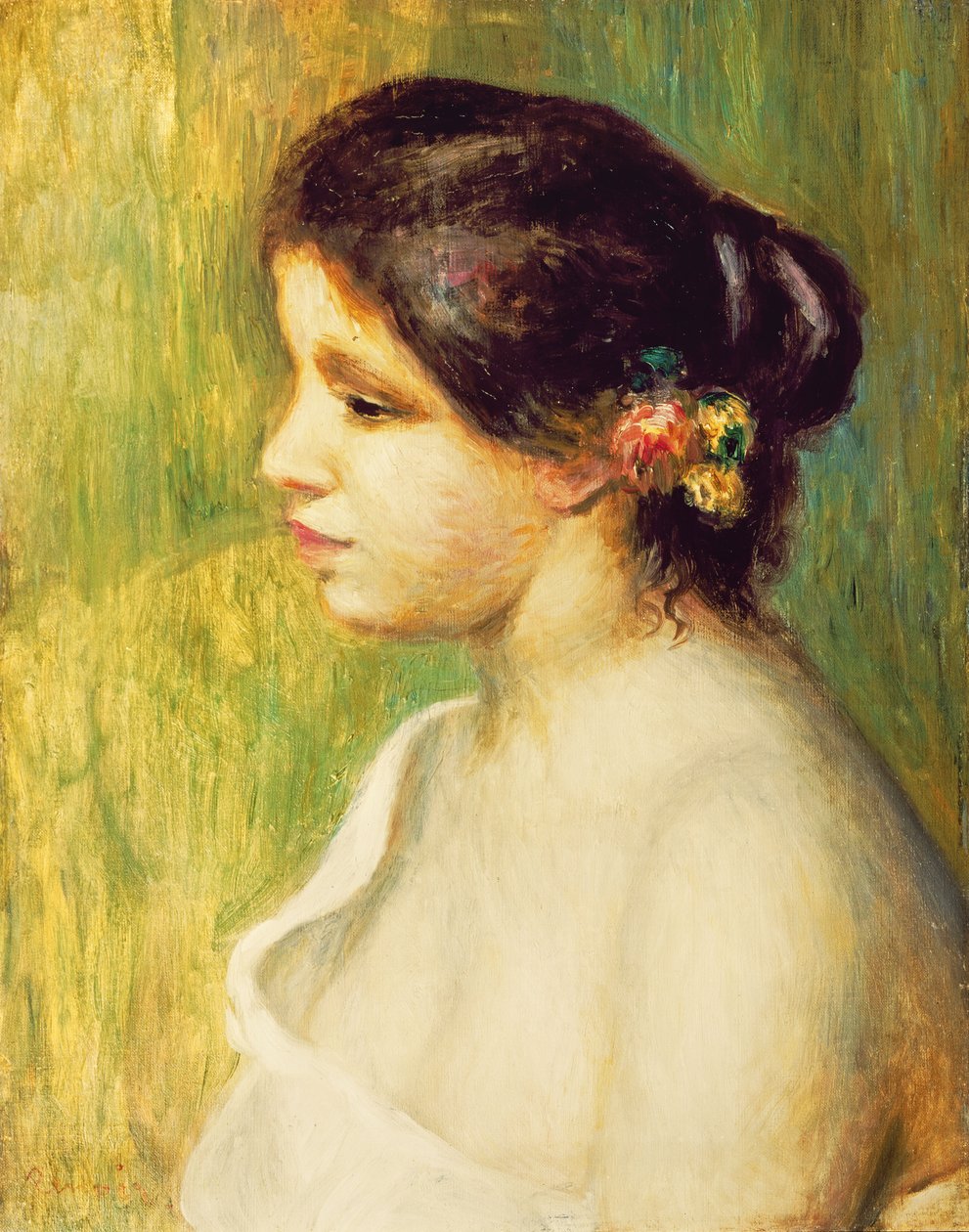 Mladá žena s květinami u ucha, 1898 od Pierre Auguste Renoir