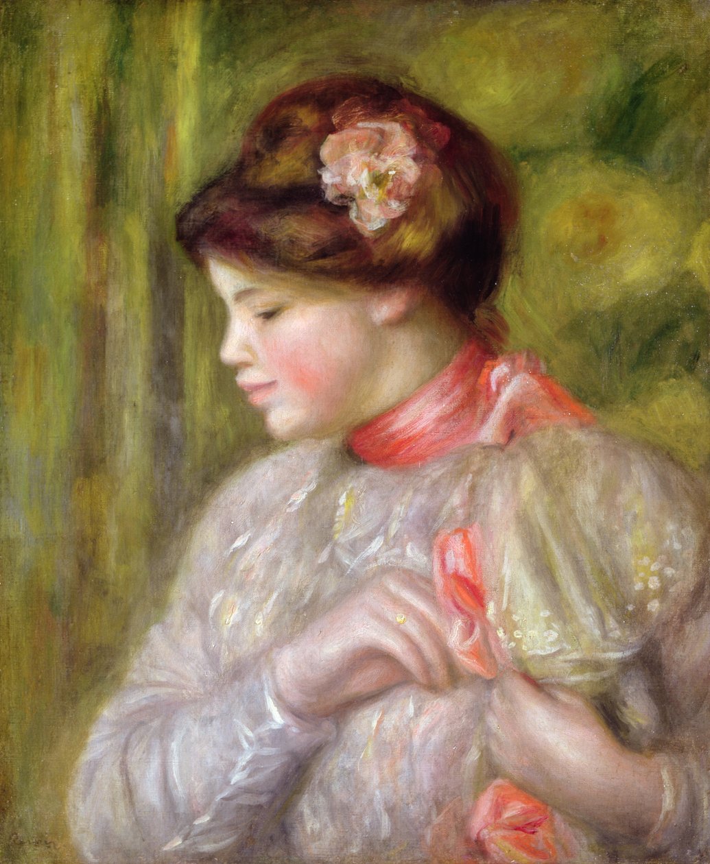 Mladá žena si upravuje halenku, 1900 od Pierre Auguste Renoir